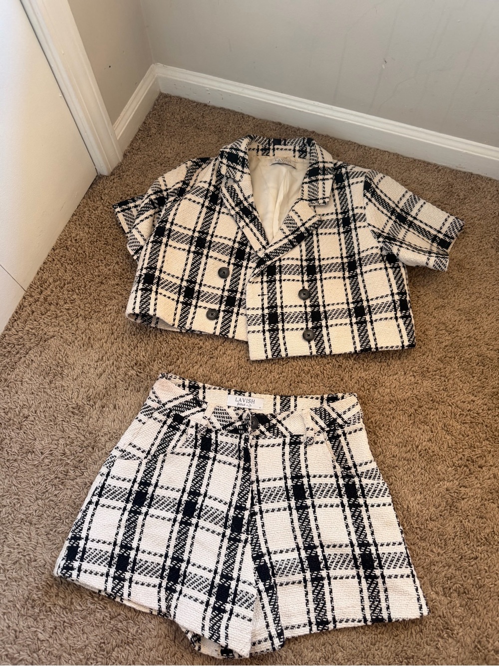 Lavish Black and White Plaid Cropped Tweed Jacket & Shorts Set